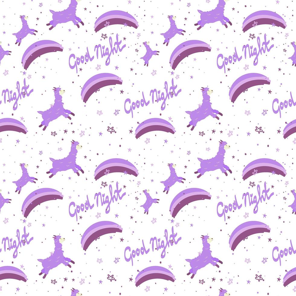 Seamless pattern with llamas, drawn element in cartoon style. Animals jumping on a rainbow against a white background. The lettering is handwritten. Stars, llamas and rainbow. vector