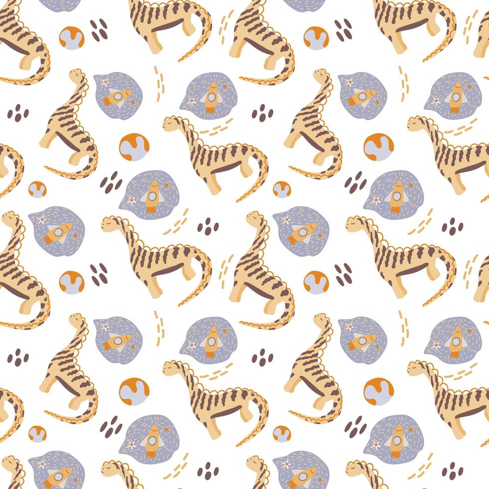 Seamless pattern with cute dinosaurs in space. Dinosaurs dreaming of a rocket, drawn in a flat style on a white background. Planets and dinosaurs. Reptiles. Suitable for packing children's textiles. vector