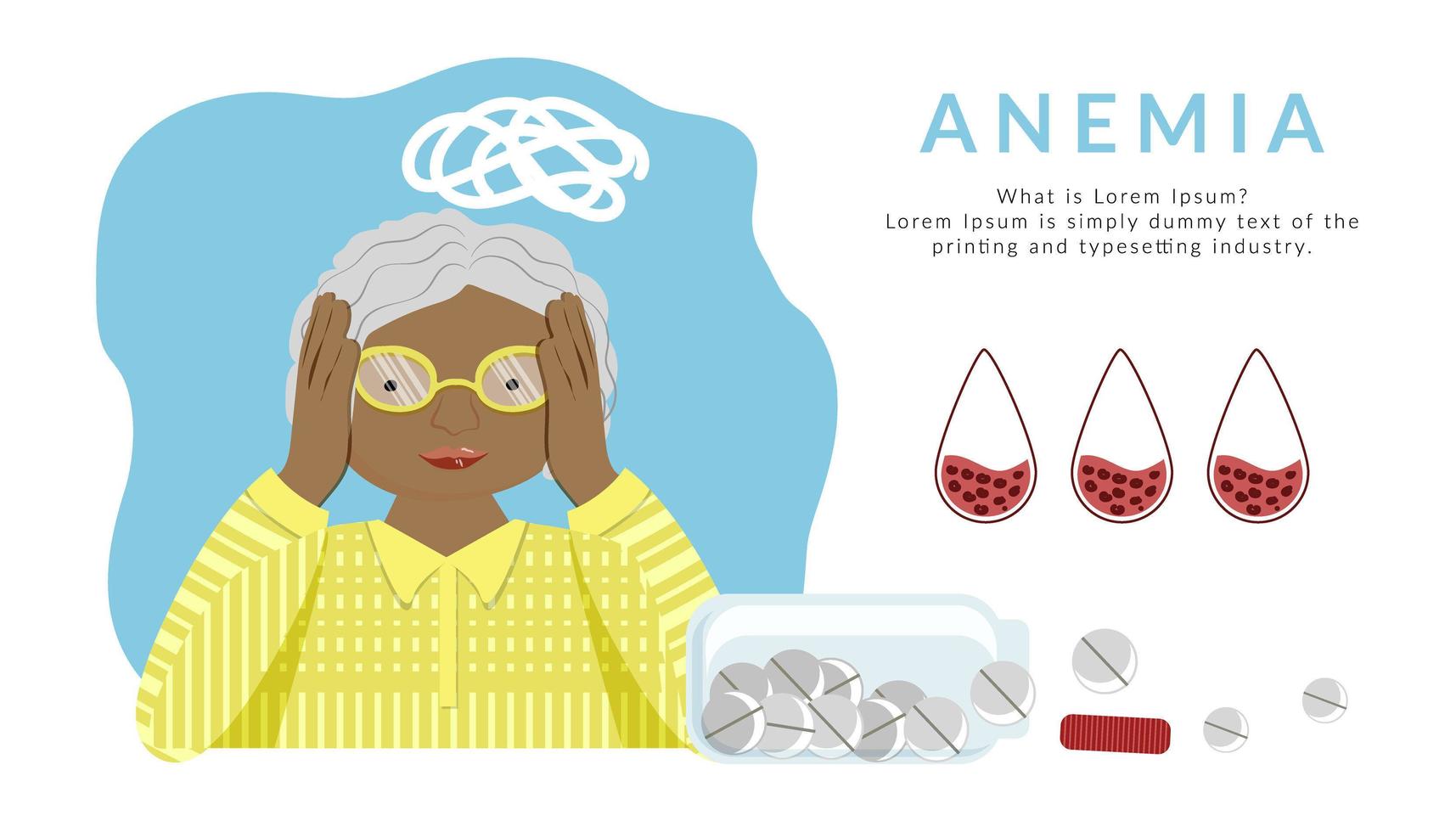 Elderly woman is holding her head and feeling tired, weak due to lack of iron in her serum. The concept of anemia. Decreased number of red blood cells or low hemoglobin. Open can of pills, vitamins. vector