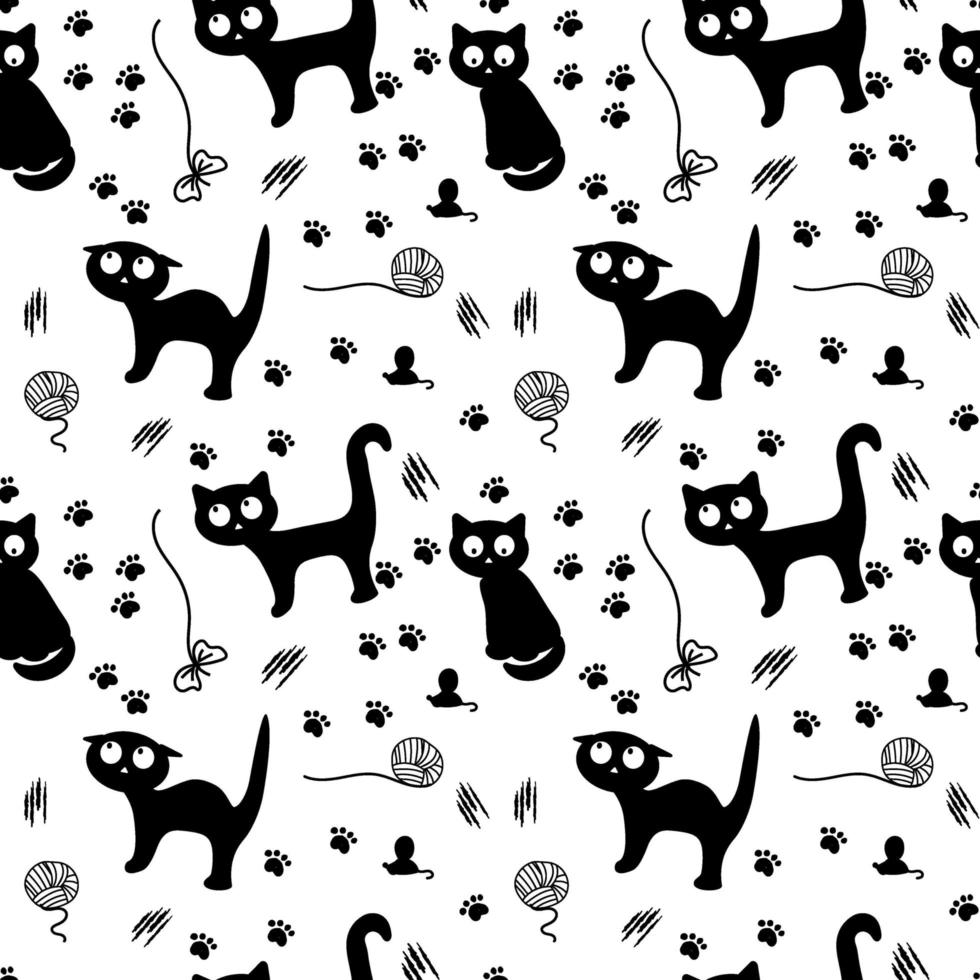 Seamless pattern with black cats, drawn elements in doodle style on a light background. Vector is made in a flat style. Black cats in different poses with traces and a ball of thread.