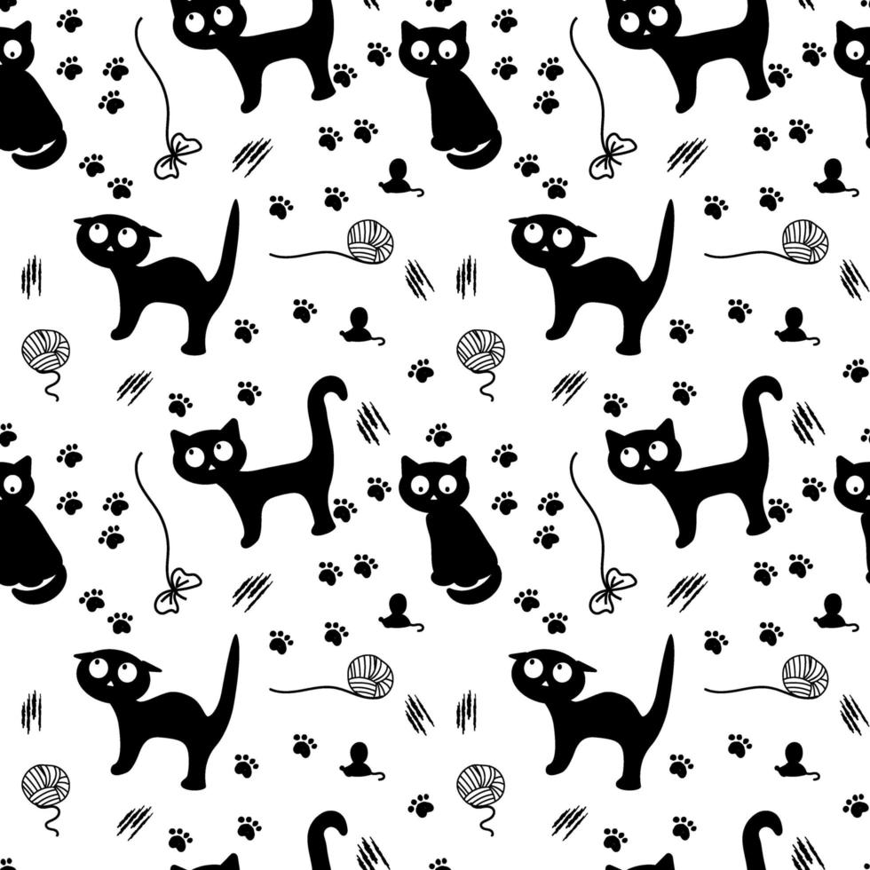 Seamless pattern with black cats, drawn elements in doodle style on a light background. Vector is made in a flat style. Black cats in different poses with traces and a ball of thread.