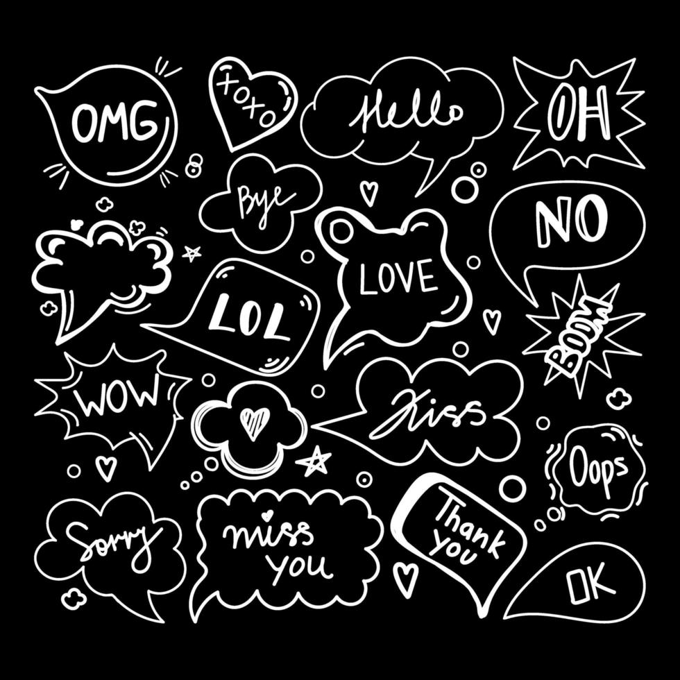 A set of speech bubbles with dialog words, hand-drawn doodle-style elements. Hello, Love, Sorry, Love, Kiss, No, Bye. Vector illustration.