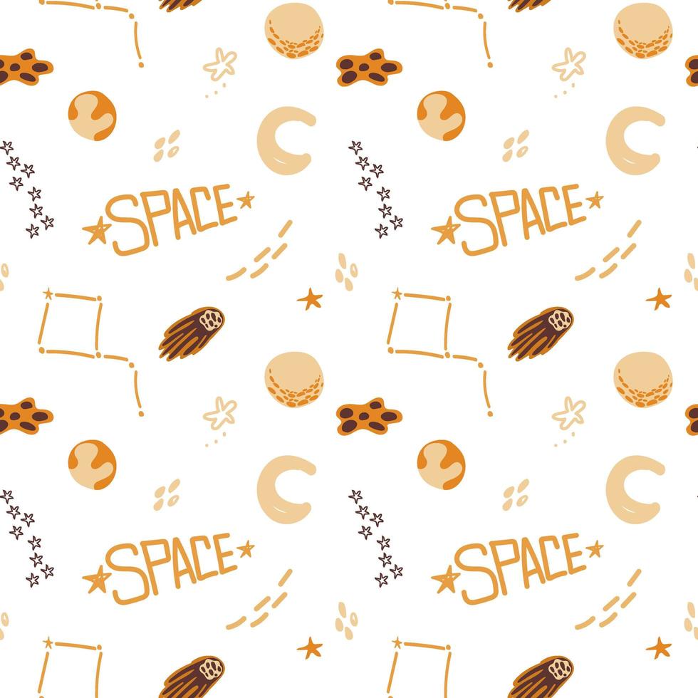 Seamless pattern of hand-drawn space elements. Open Space. Vector in cartoon style. Hand-drawn inscription. Planets, comets, asteroid and stars around on white background.