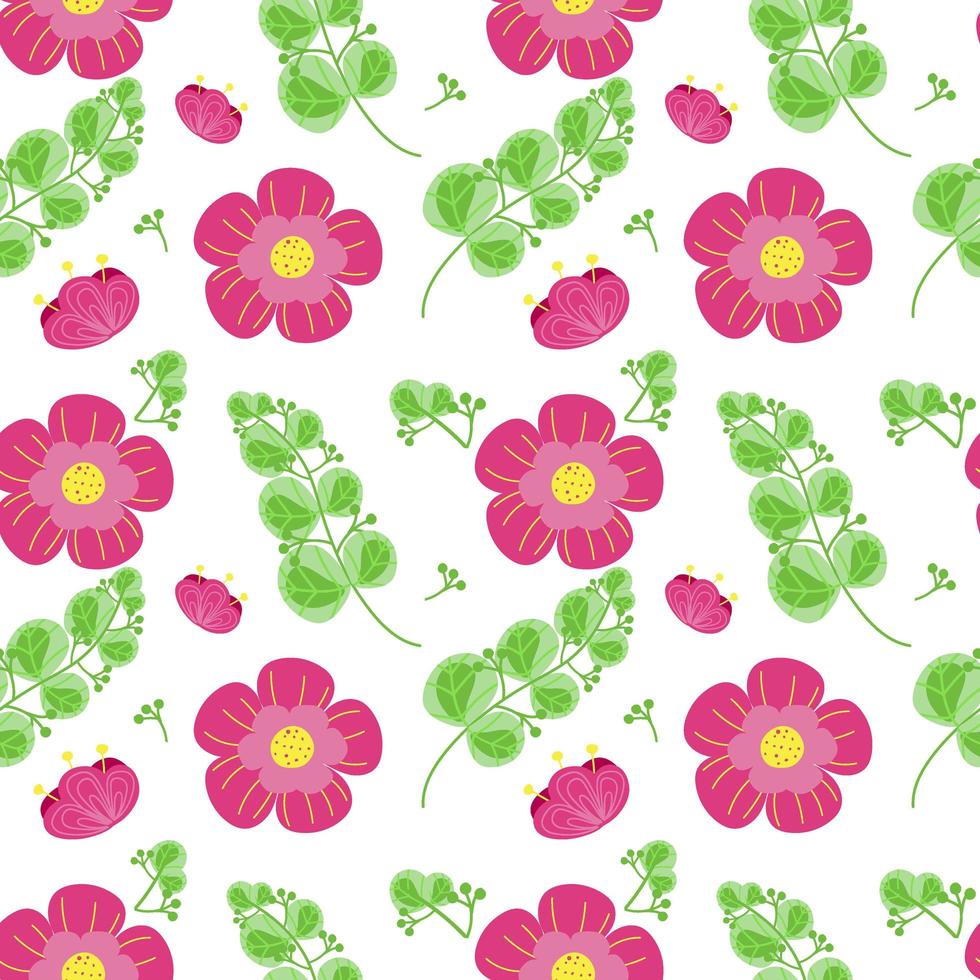 patrón impecable de colores brillantes, elementos pintados a mano. primavera. Flores rosadas. vector en estilo de dibujos animados. flores, capullos y hojas sobre fondo blanco.