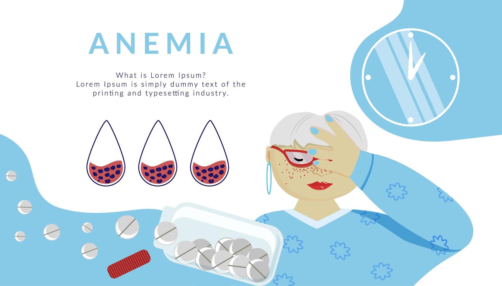 Elderly woman is holding her head and feeling tired, weak due to lack of iron in her serum. The concept of anemia. Decreased number of red blood cells or low hemoglobin. Open can of pills, vitamins. vector