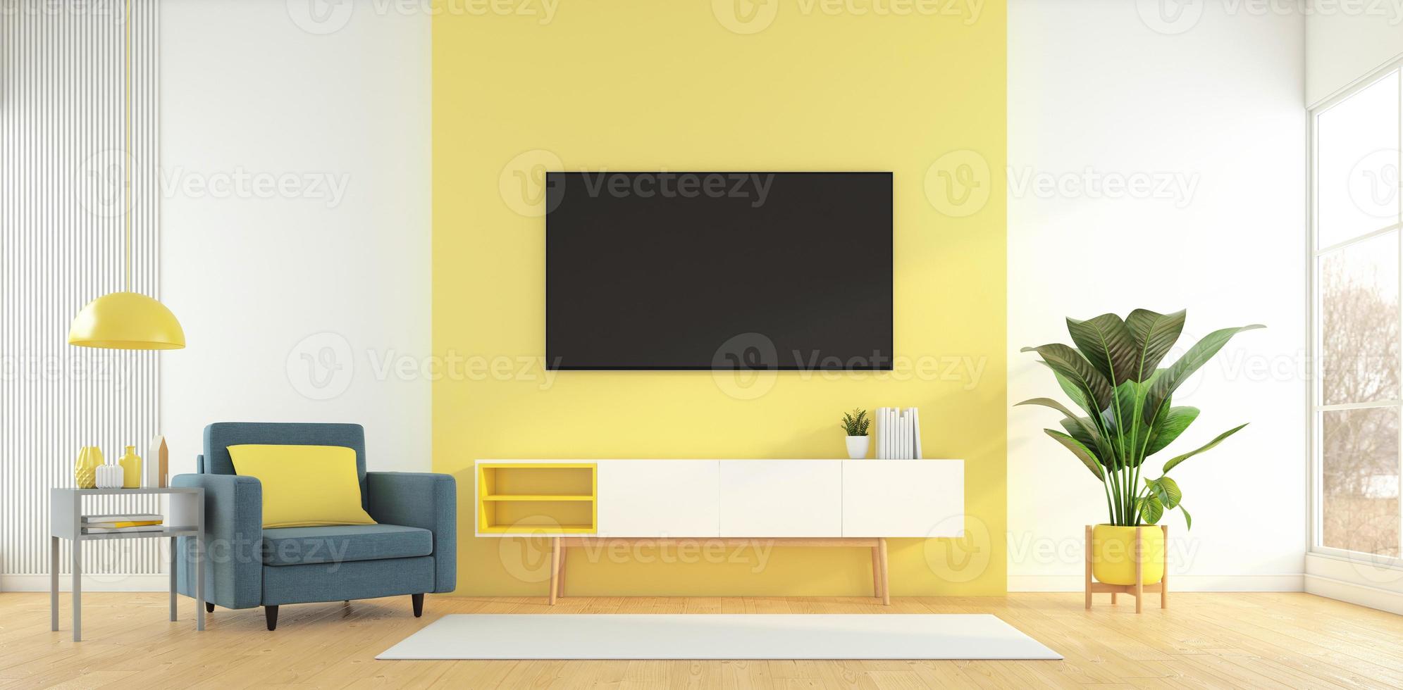 sala de estar con mueble de televisión en la pared amarilla y sillón, mesa auxiliar y planta verde. representación 3d foto