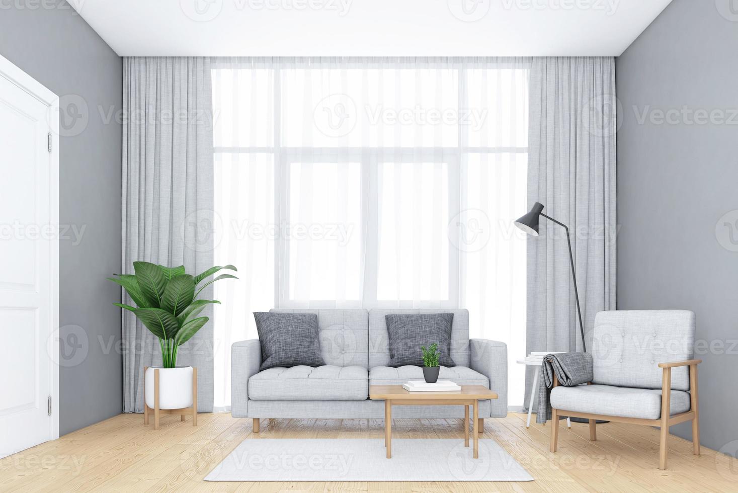 salón minimalista con ventanas y cortinas blancas, sofá y sillón
