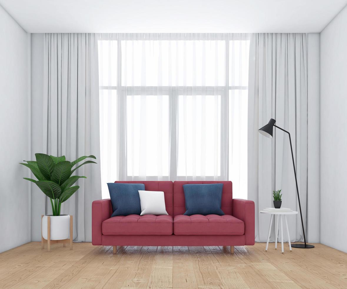 salón minimalista con ventanas y cortinas blancas, sofá y sillón