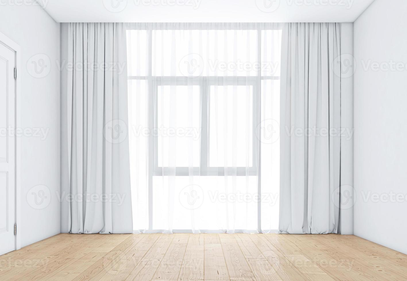 habitación vacía con ventanas y cortinas blancas, suelo de madera. representación 3d foto