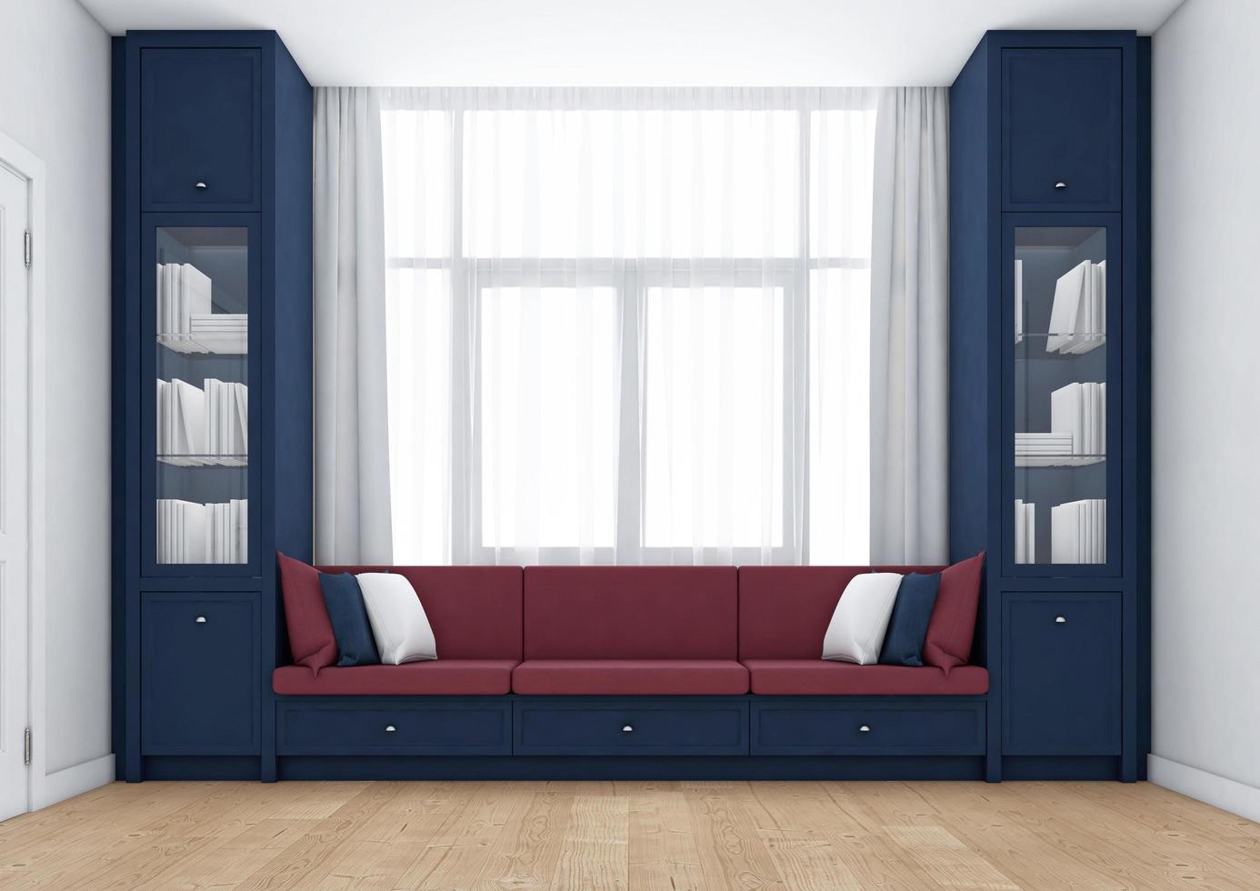 sala de estar con estantería escandinava y almacenamiento. representación 3d foto