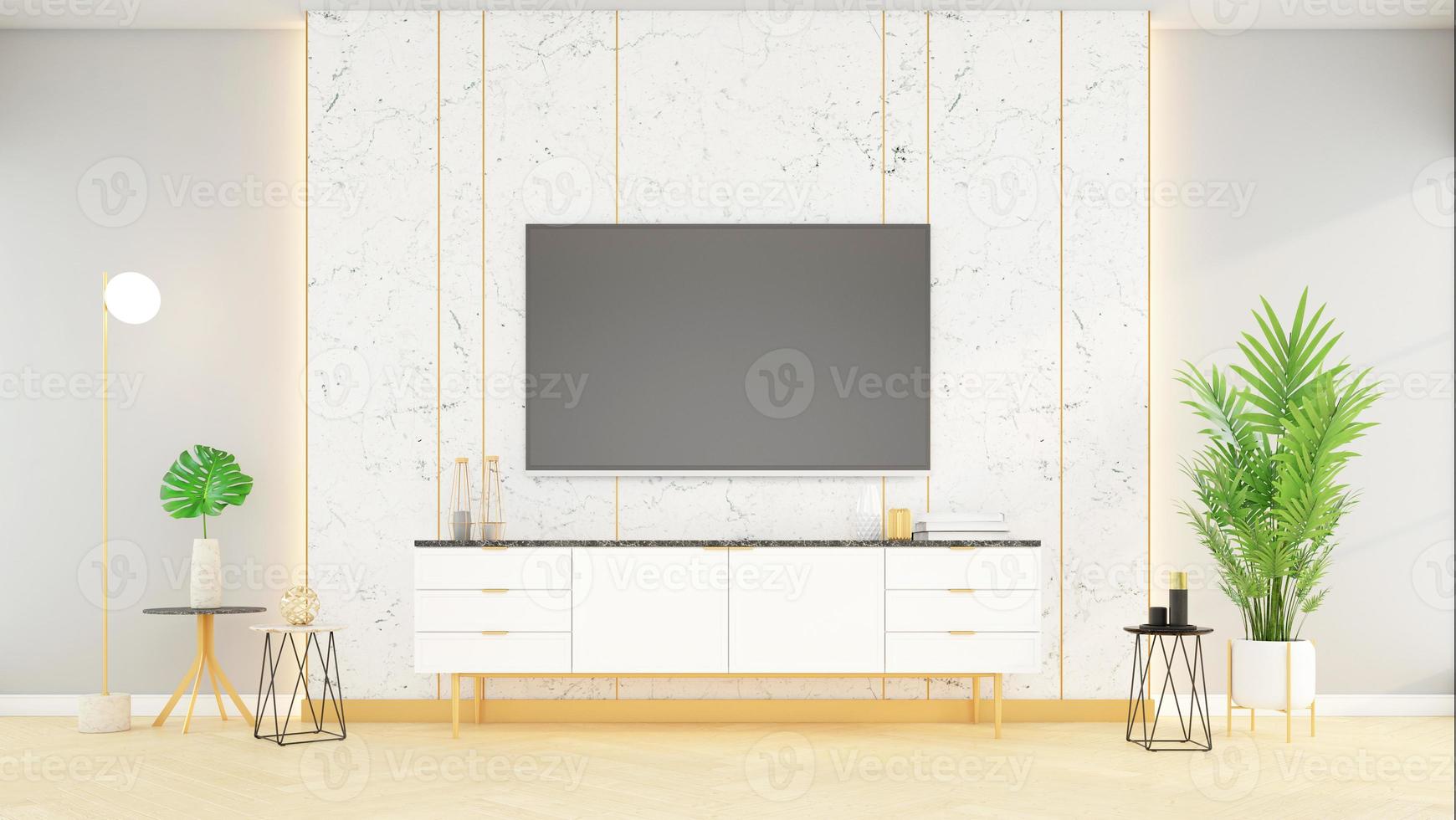 Modern living room with white marble walls and luxurious TV cabinet, 3D rendering. photo
