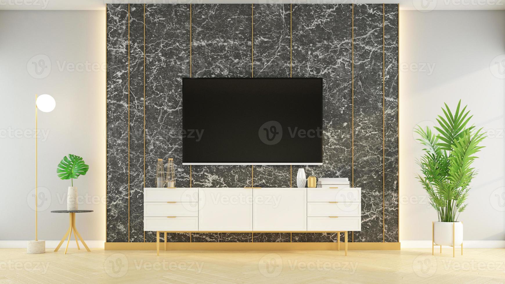 Modern living room with marble wall and luxury TV cabinet. 3D rendering photo