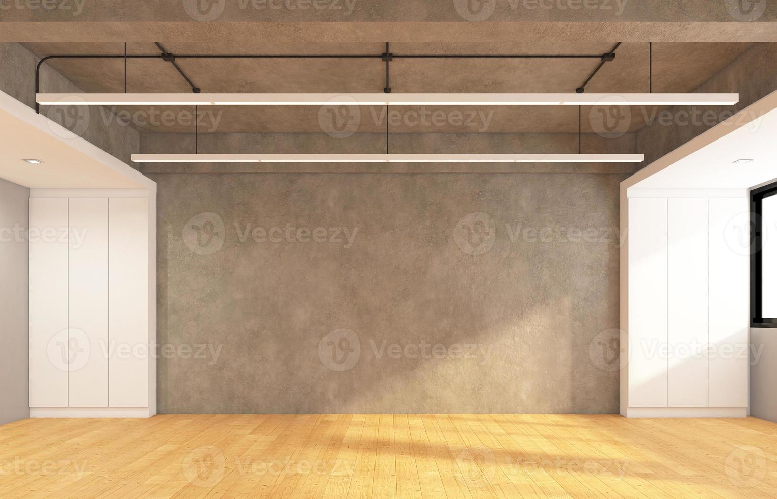 habitación tipo loft vacía con piso de madera y pared de yeso. representación 3d foto