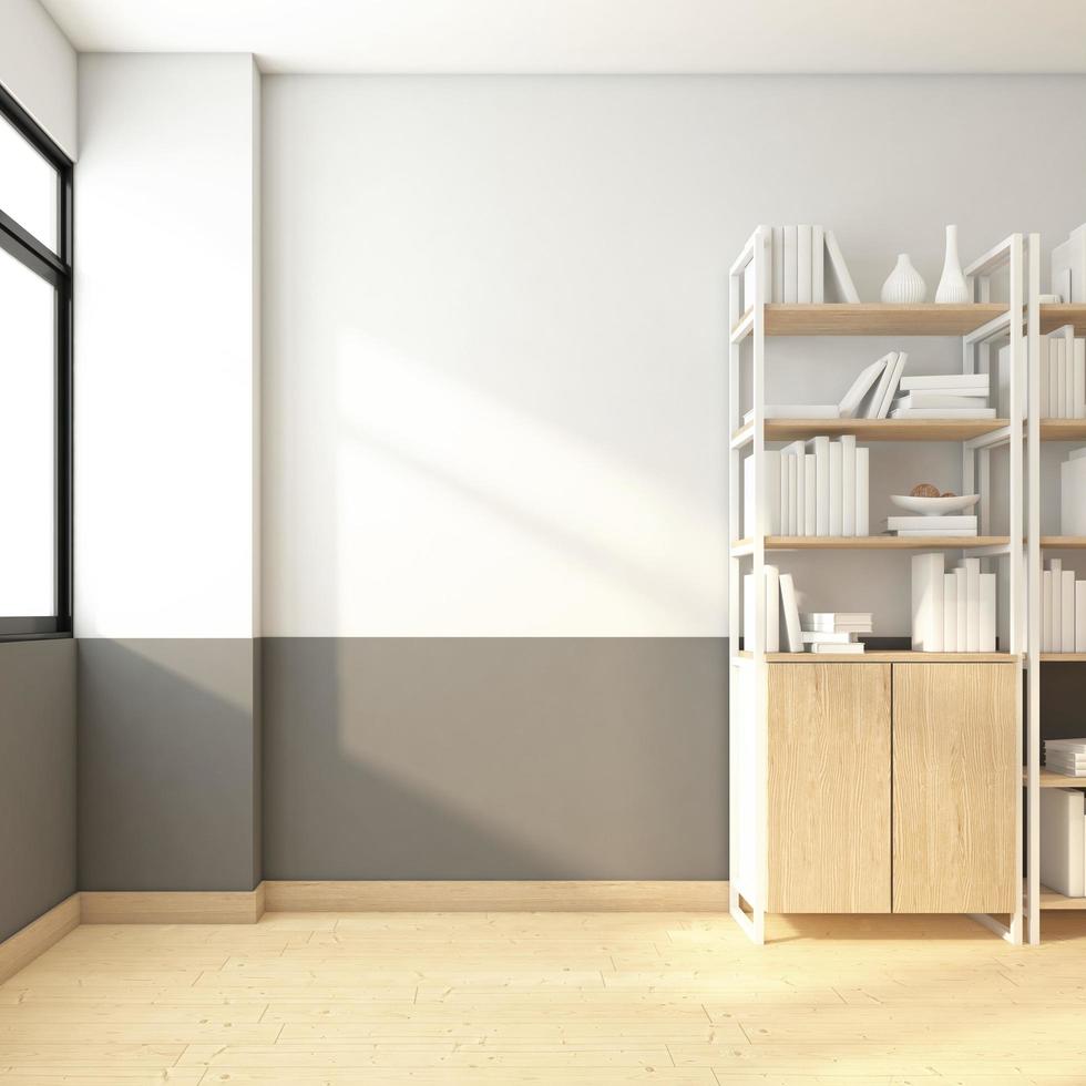 Minimalist empty room with shelf and cabinets, white and grey wall, wood floor. 3d rendering photo