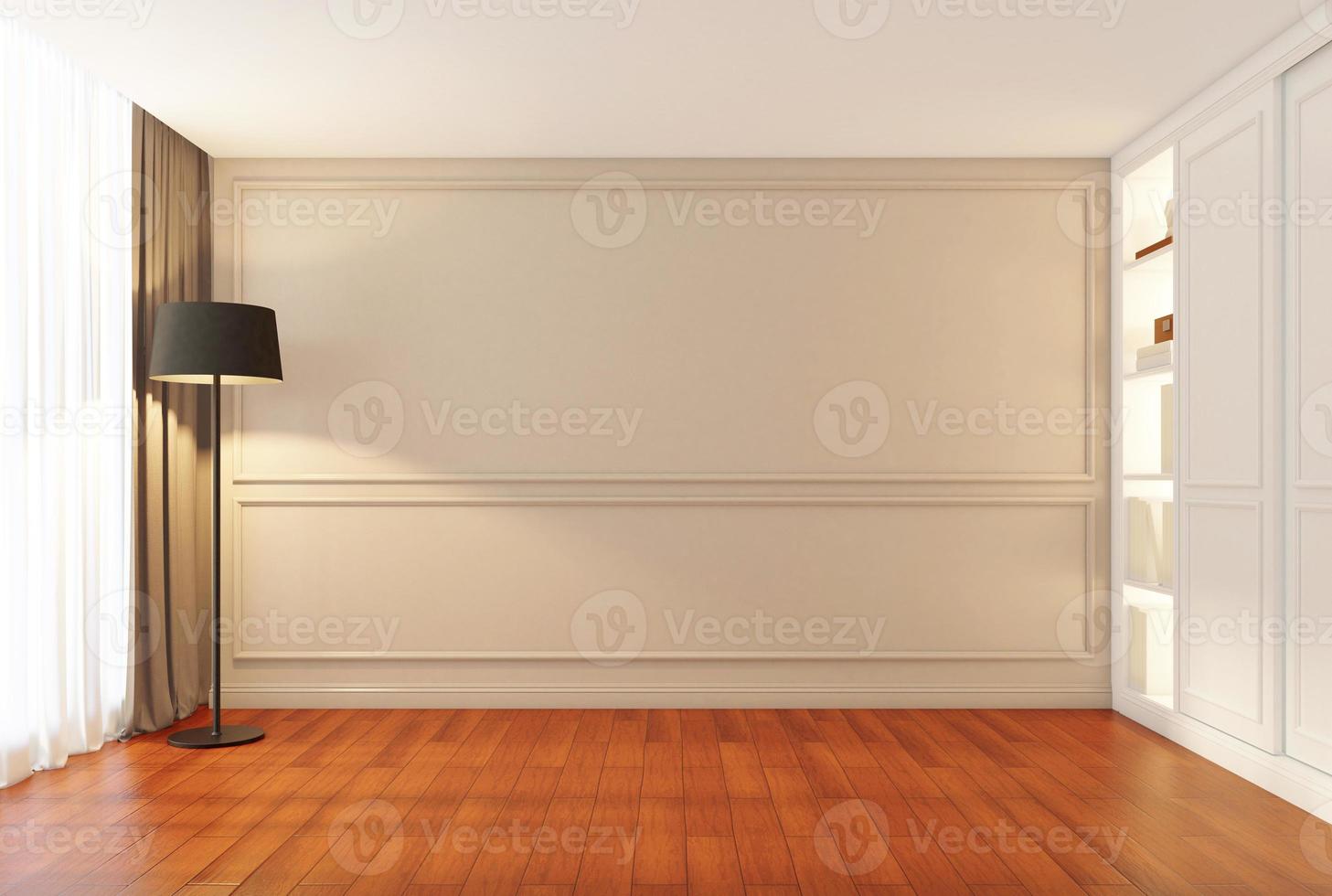 Modern luxury empty room with shelf and cabinet, wall cornice and wood floor, floor lamp. 3d rendering photo