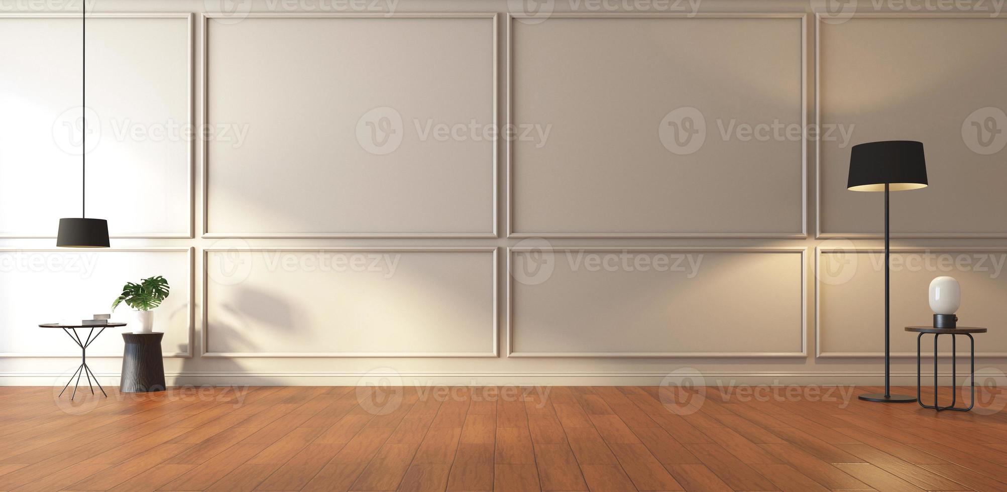 Luxury empty room with floor lamp and side table, hanging lamp, wall cornice and wood floor. 3d rendering photo
