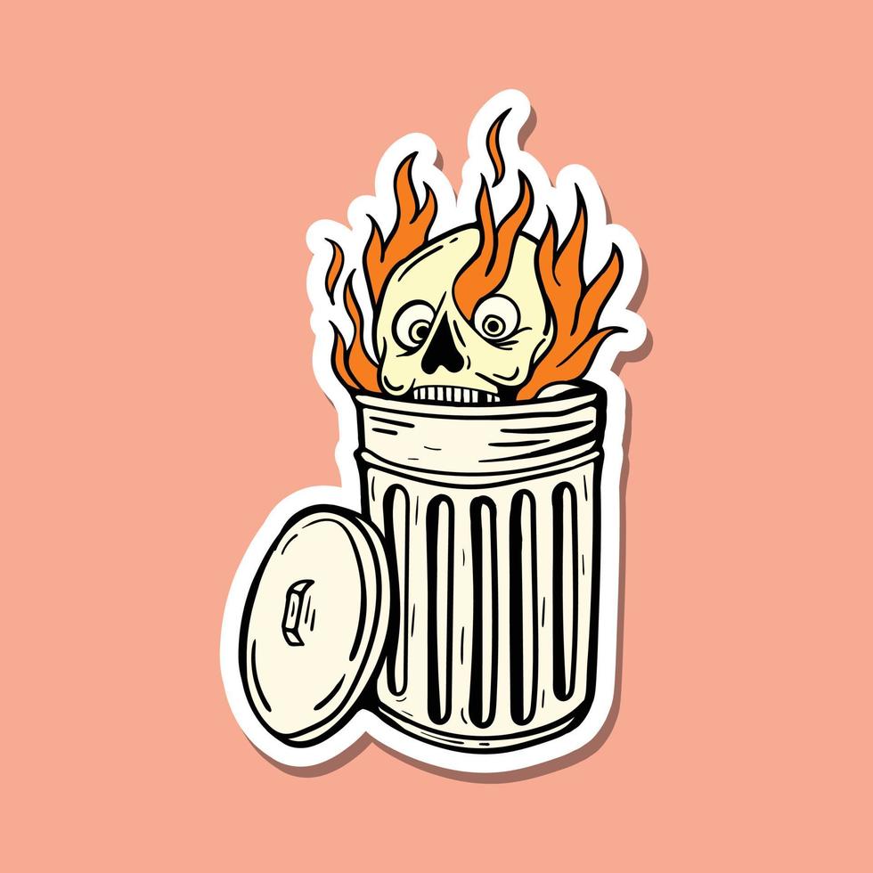 cráneo de fuego dibujado a mano en el bote de basura ilustración de garabato para pegatinas de tatuaje, etc. vector premium