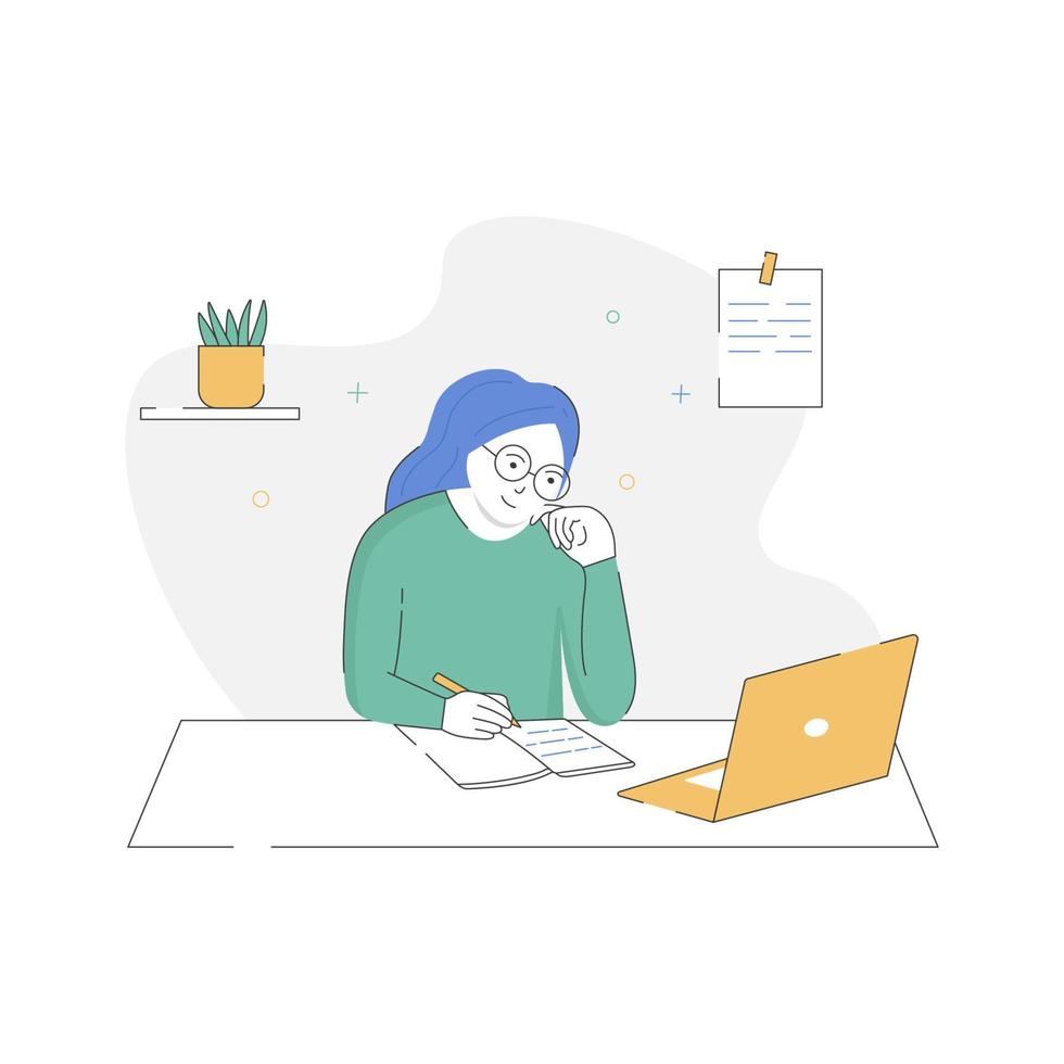 Woman character doing online education at home. Digital learning concept with student sitting with laptop, pencil and notebook in flat style. Vector Illustration isolated on white background