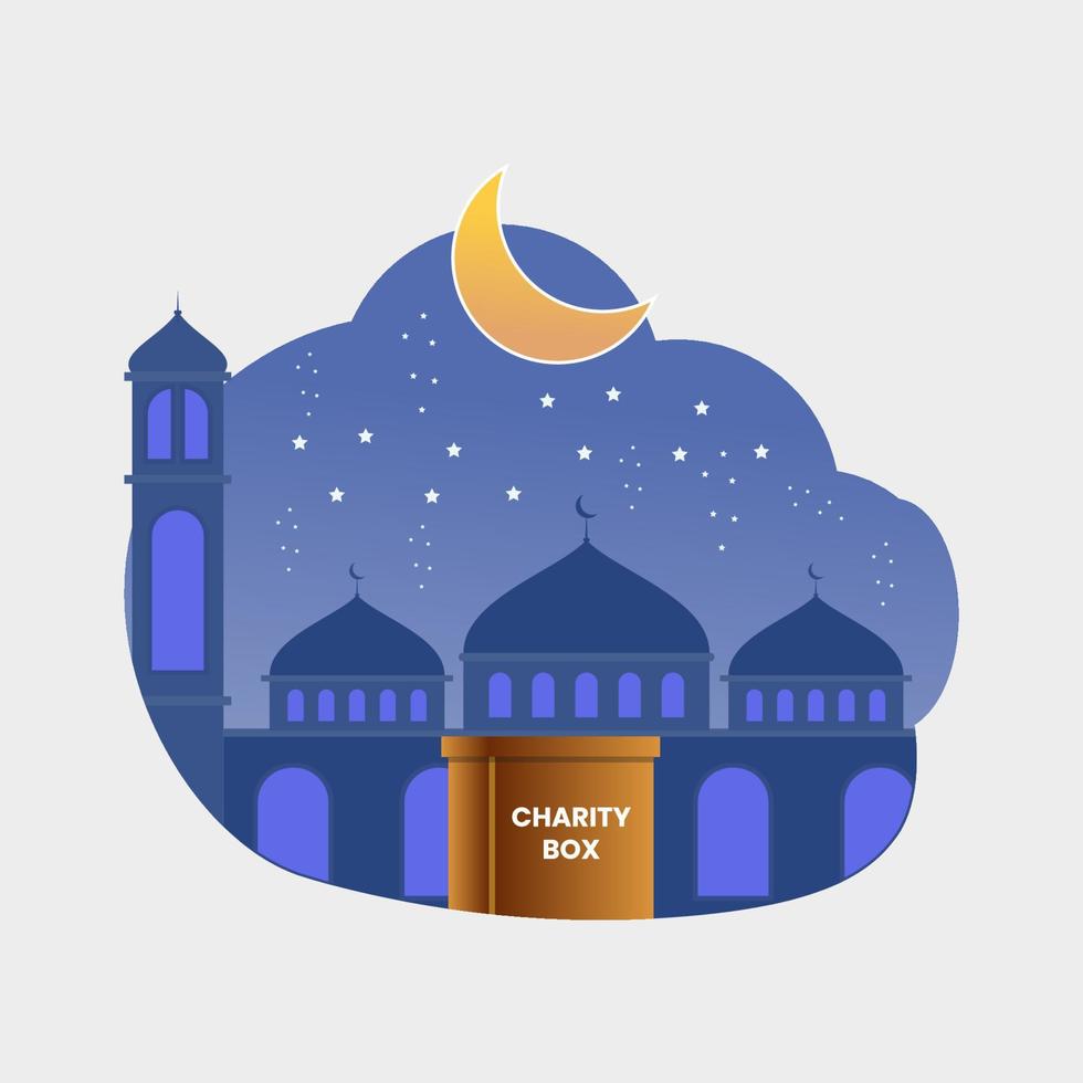 ilustración de mezquita nocturna de color púrpura y caja plana de caridad vector
