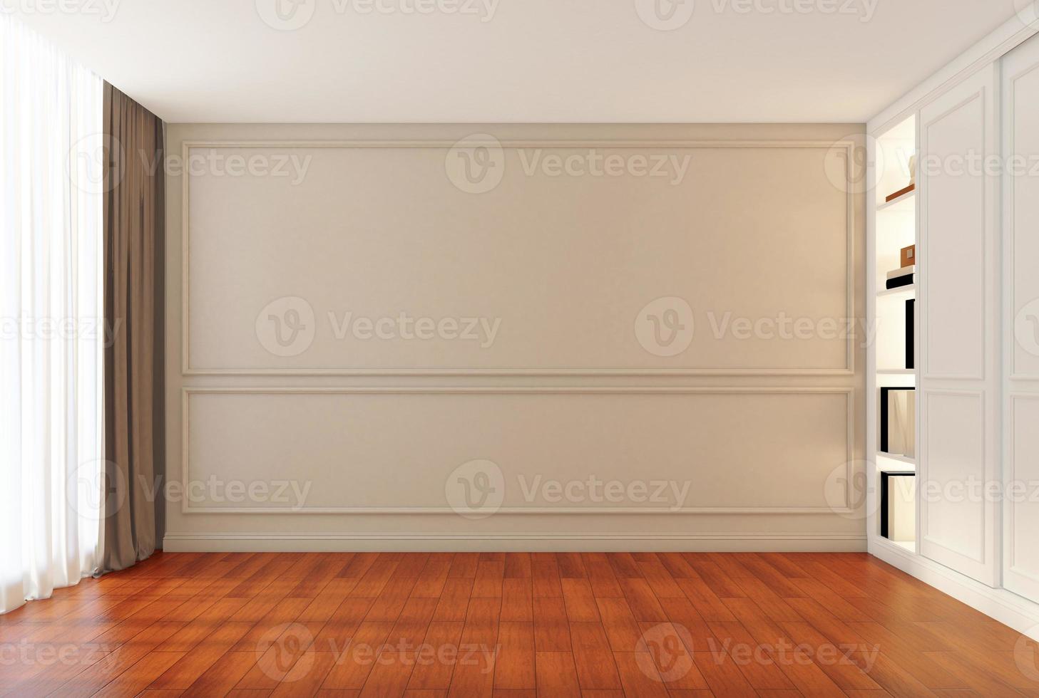 Modern luxury empty room with shelf and cabinet, wall cornice and wood floor. 3d rendering photo
