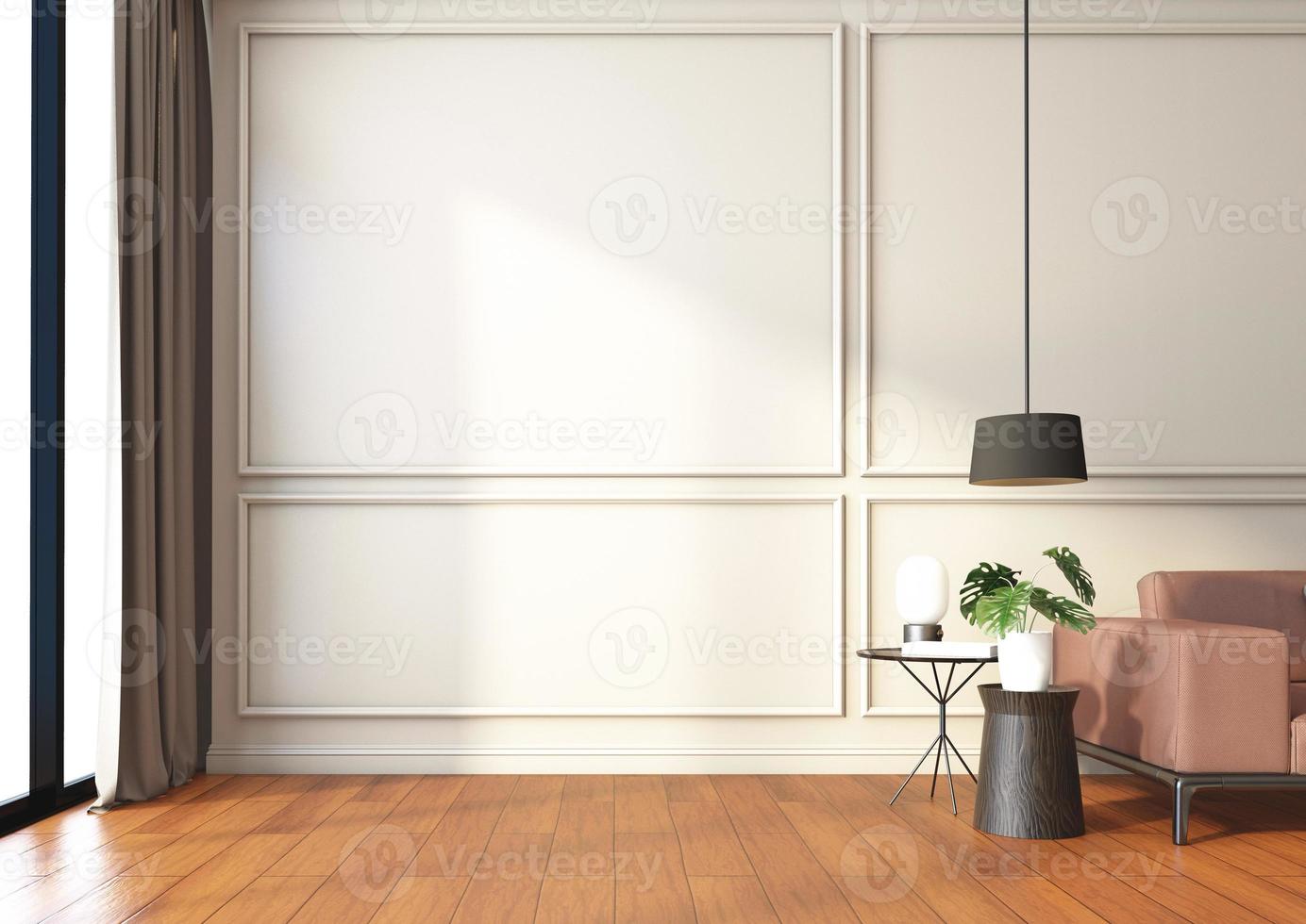 habitación vacía de lujo con mesa auxiliar y lámpara colgante, cornisa de pared y suelo de madera. representación 3d foto