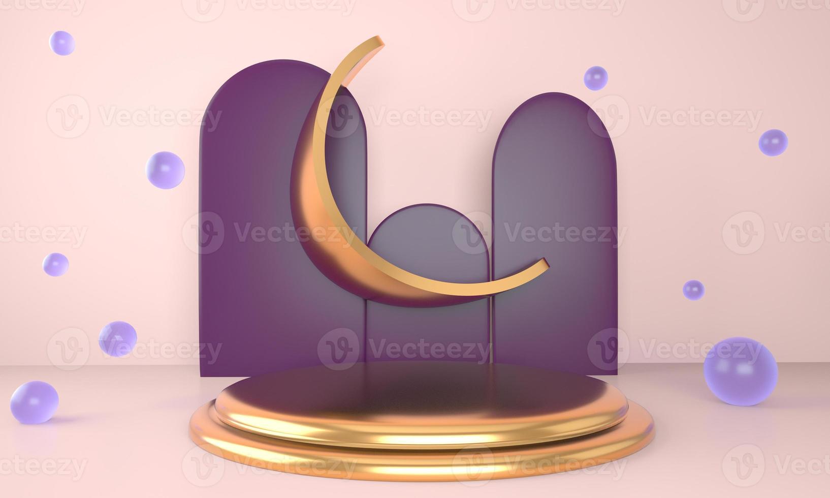 Ramadan Kareem greeting template with moon. Podium, stand on holiday light background for advertising products - 3d render illustration for cards, greetings. photo