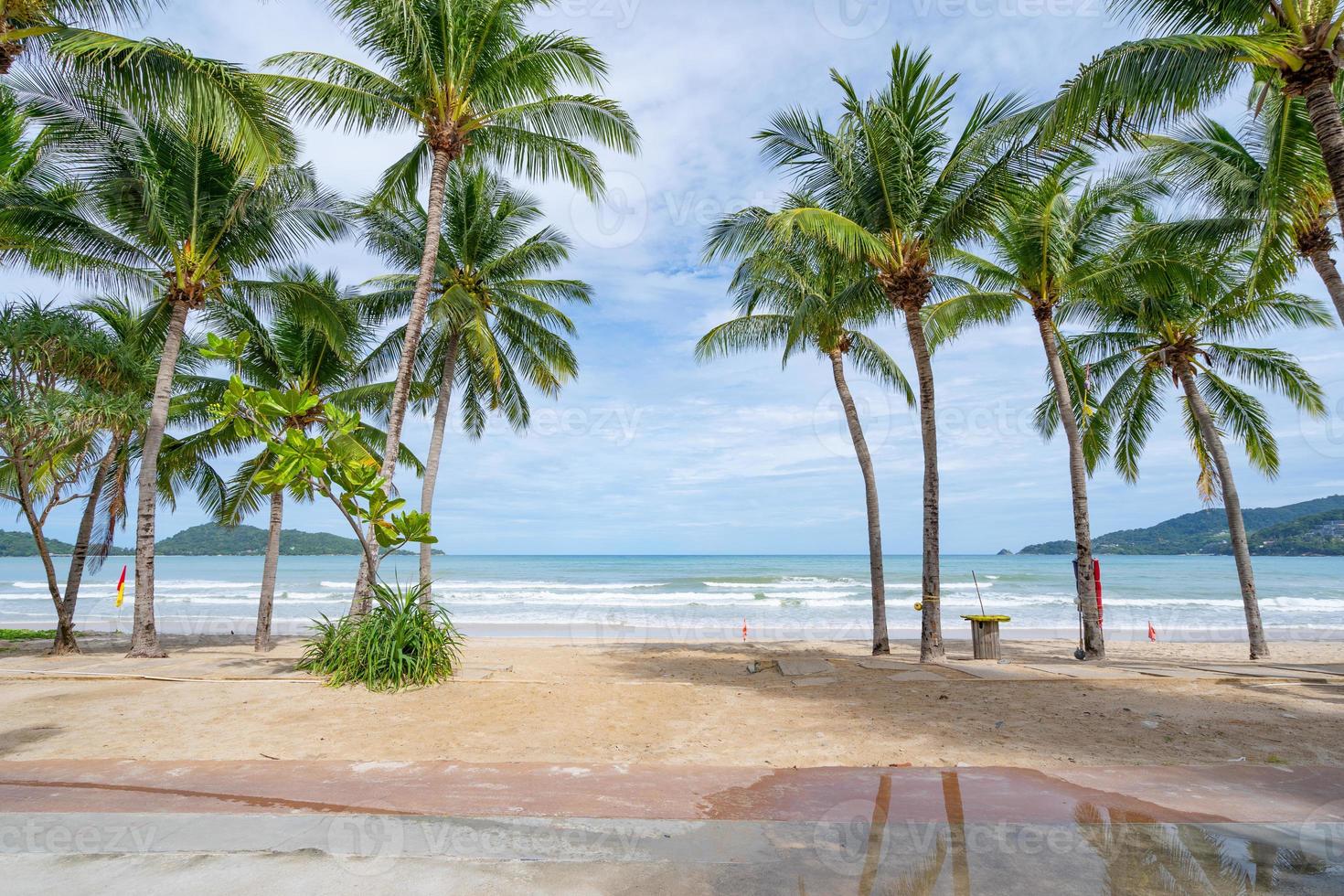 Phuket patong beach Summer beach with palms trees around in Patong beach Phuket island Thailand, Beautiful tropical beach with blue sky background in summer season Copy space photo