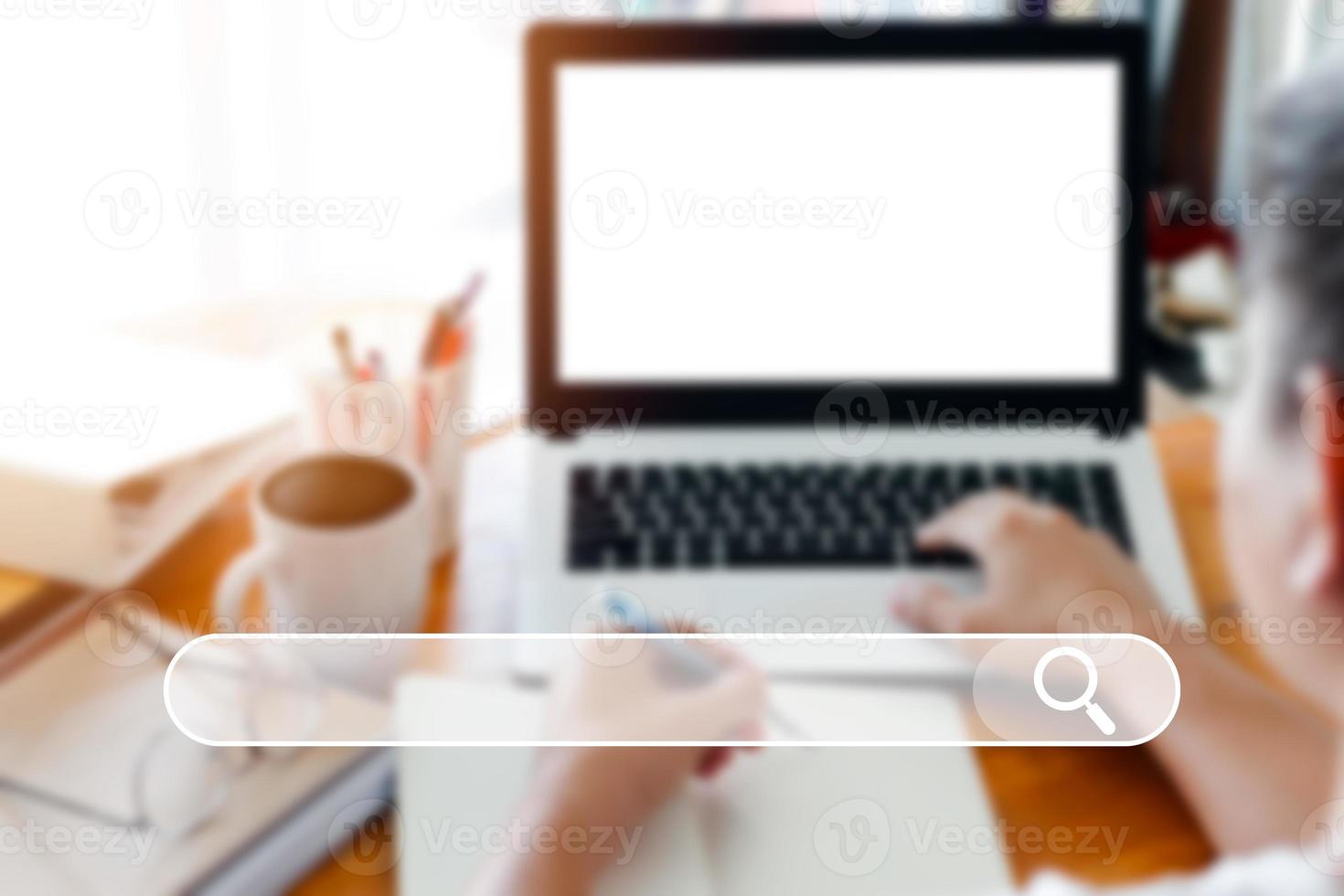 Searching Browsing Internet Data Information with blank search bar.businessman working with smart phone, tablet and laptop computer on desk in office. Networking Concept. photo