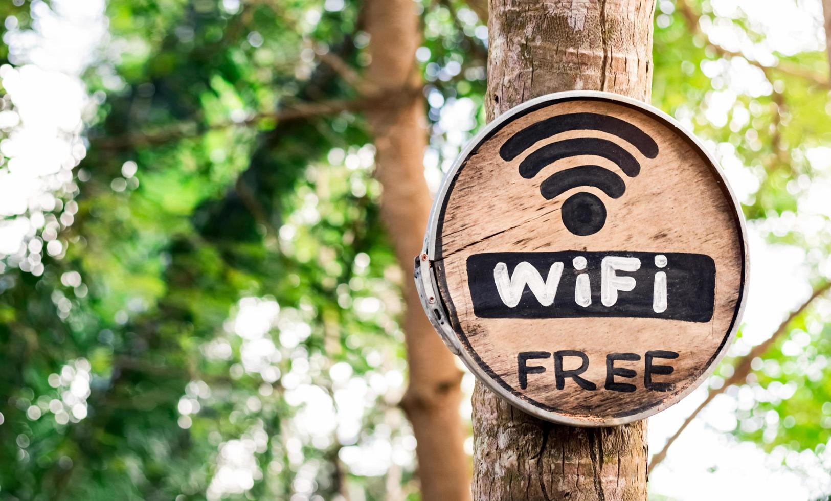 Free wifi message on round wooden sign And a sign in the outdoor garden at the coffee shop. photo