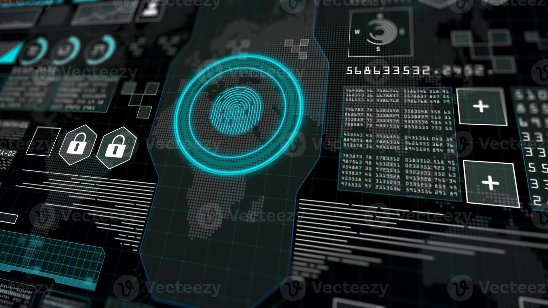 Fingerprint scanner with User interface head up display, Futuristic interface computer desktop screen, Abstract digital display background. photo