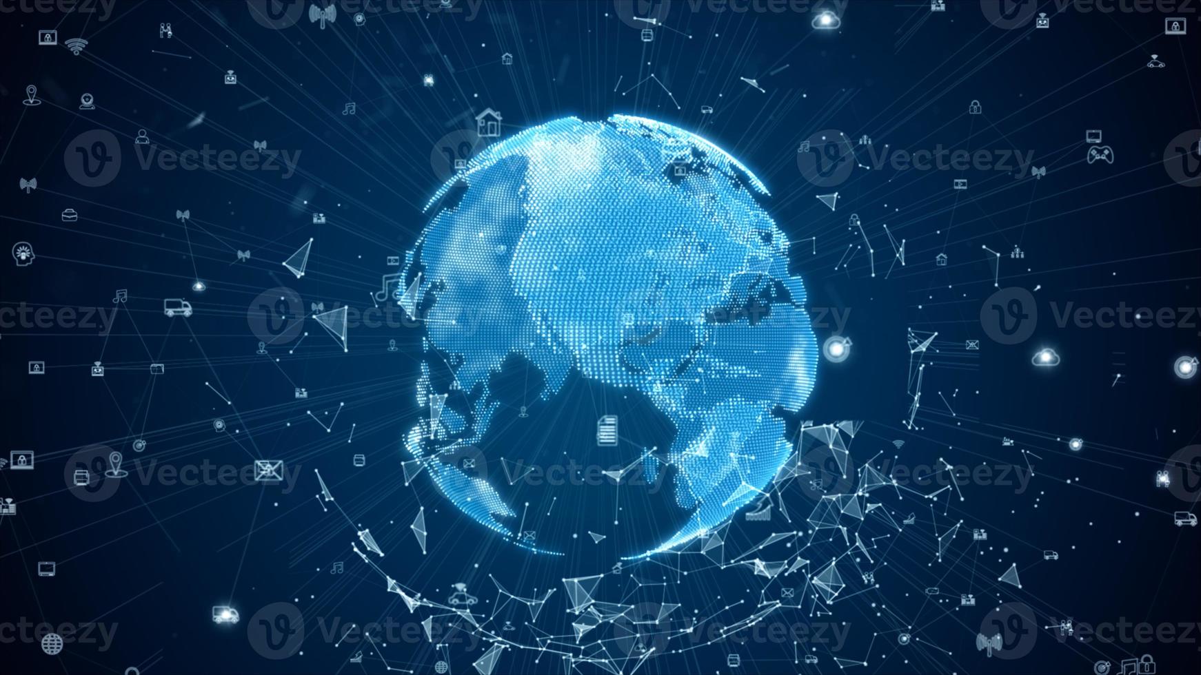 Digital data network connections with icon and global communication. 5g high-speed connection data analysis. Technology data binary code network conveying connectivity on blue background concept. photo