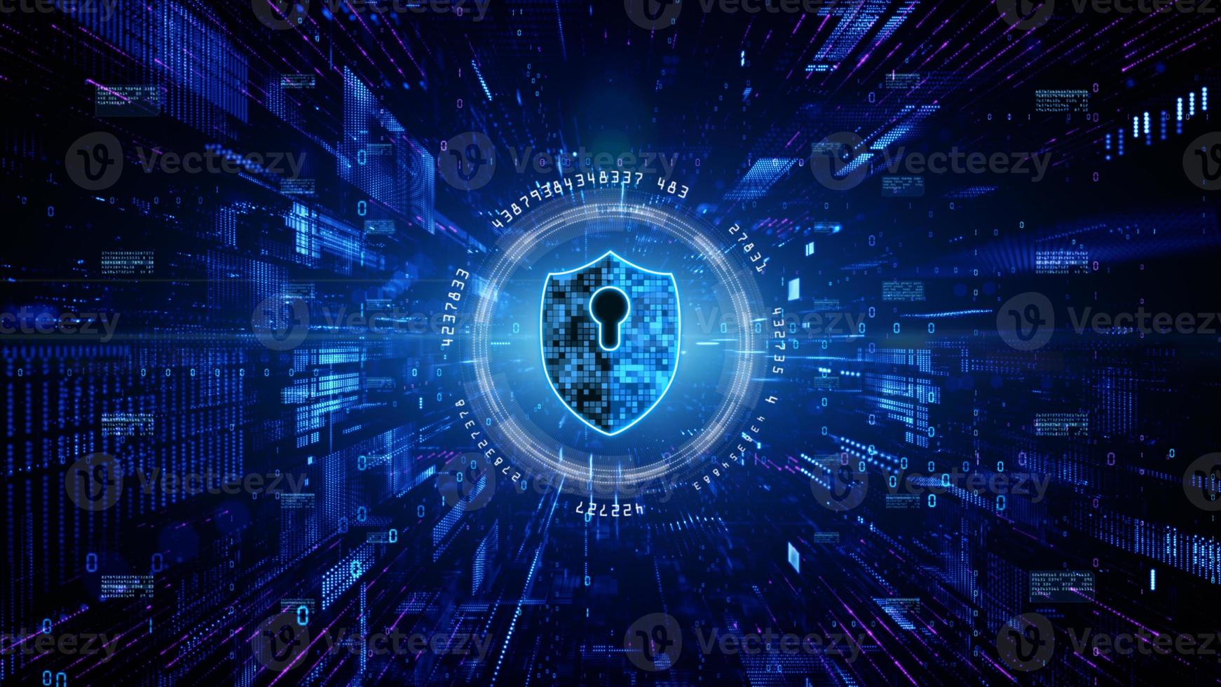 HUD and Shield Icon of Cyber Security. Digital Data Network Protection. High-speed connection data analysis. Technology data binary code network conveying. Future technology background concept. photo