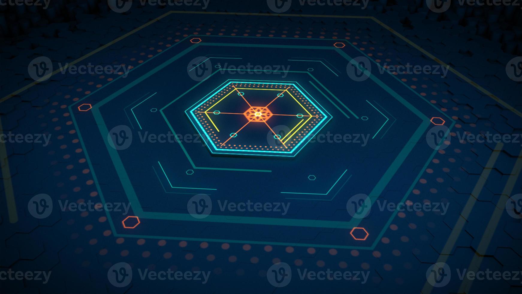 Gráficos de renderizado 3d Piso hexagonal e interfaz gráfica de usuario de hud digital Fondo abstracto de tecnología de diseño moderno foto