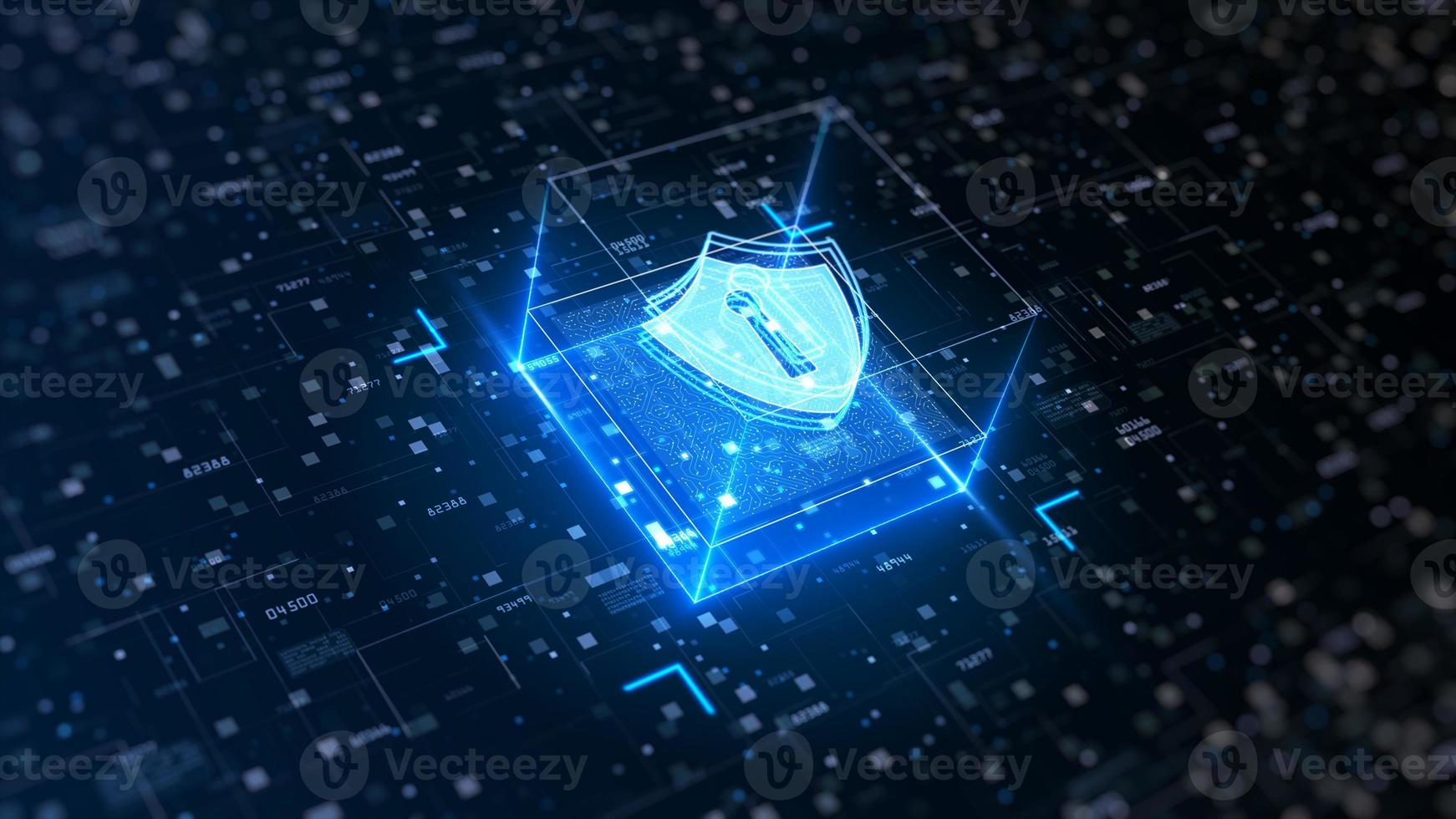 Hi-tech Shield of cyber security. Digital data network protection. High-speed connection data analysis. Technology data binary code network conveying. Future technology digital background concept. photo