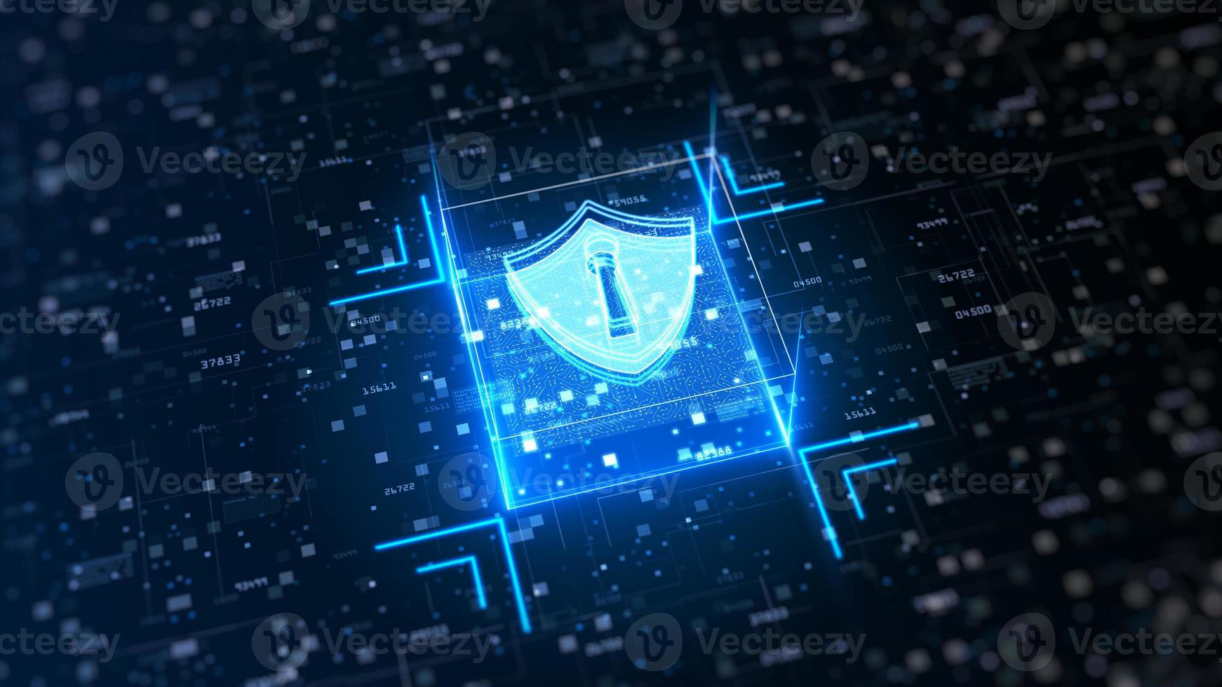 Hi-tech Shield of cyber security. Digital data network protection. High-speed connection data analysis. Technology data binary code network conveying. Future technology digital background concept. photo