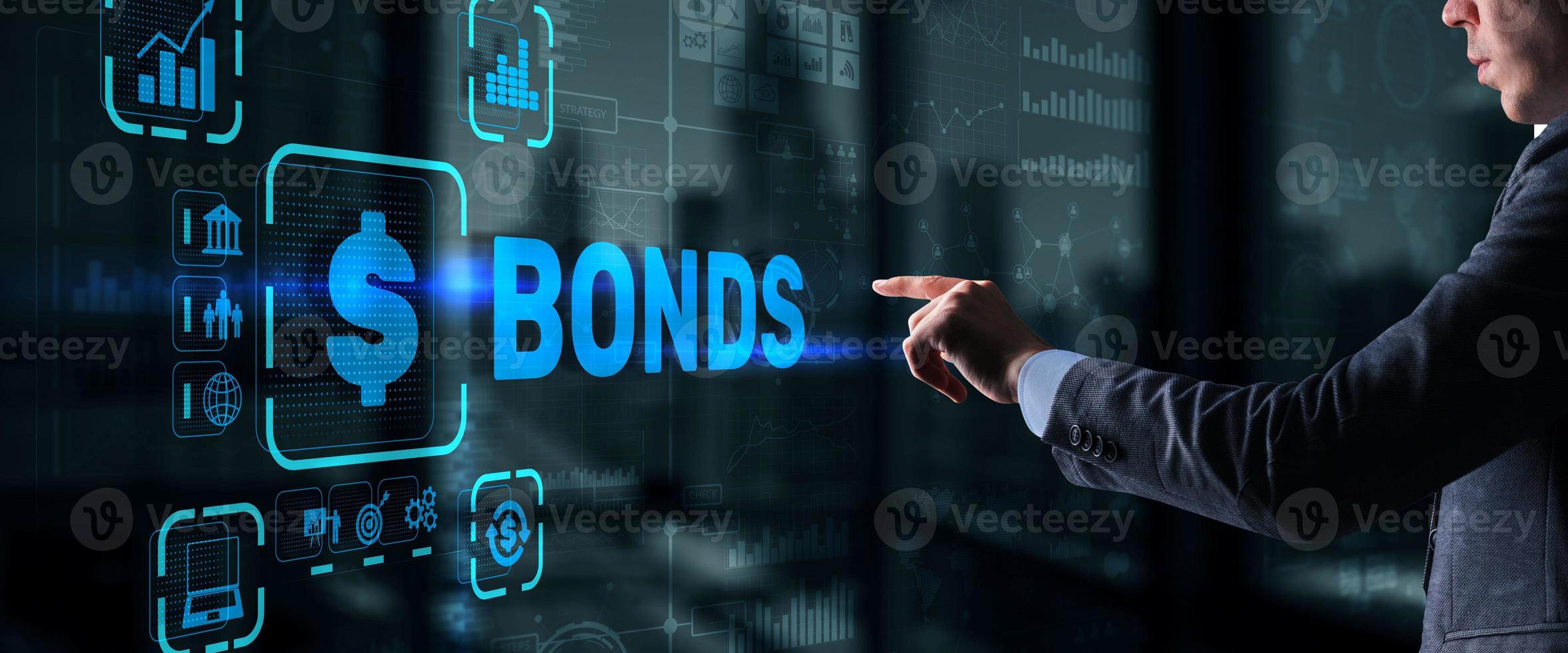 Businessman clicks a bonds virtual screen. Bond Finance Banking Technology concept. Trade Market Network photo