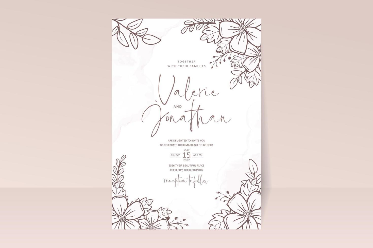 Wedding invitation template with floral outline decoration vector