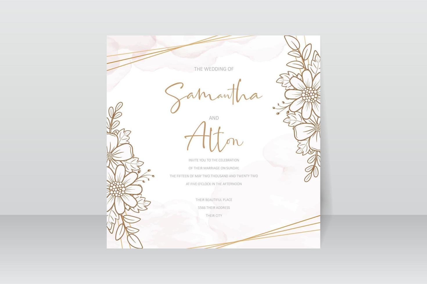 Wedding invitation template with floral outline decoration vector