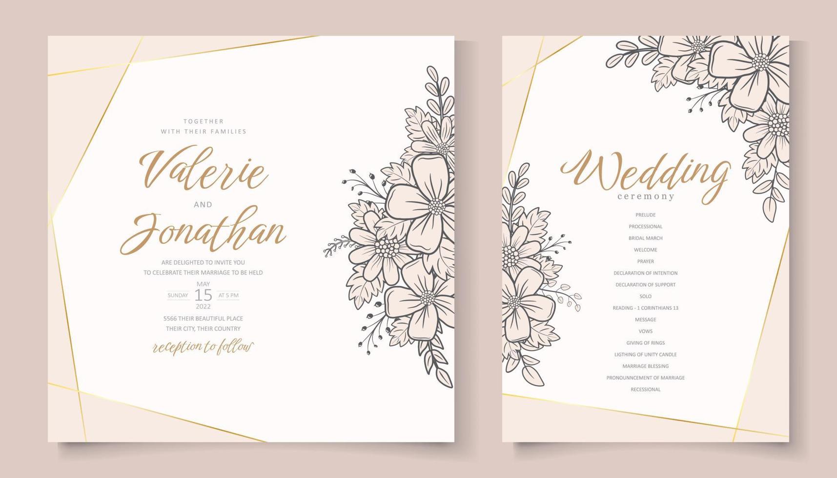Wedding invitation template with floral outline decoration vector