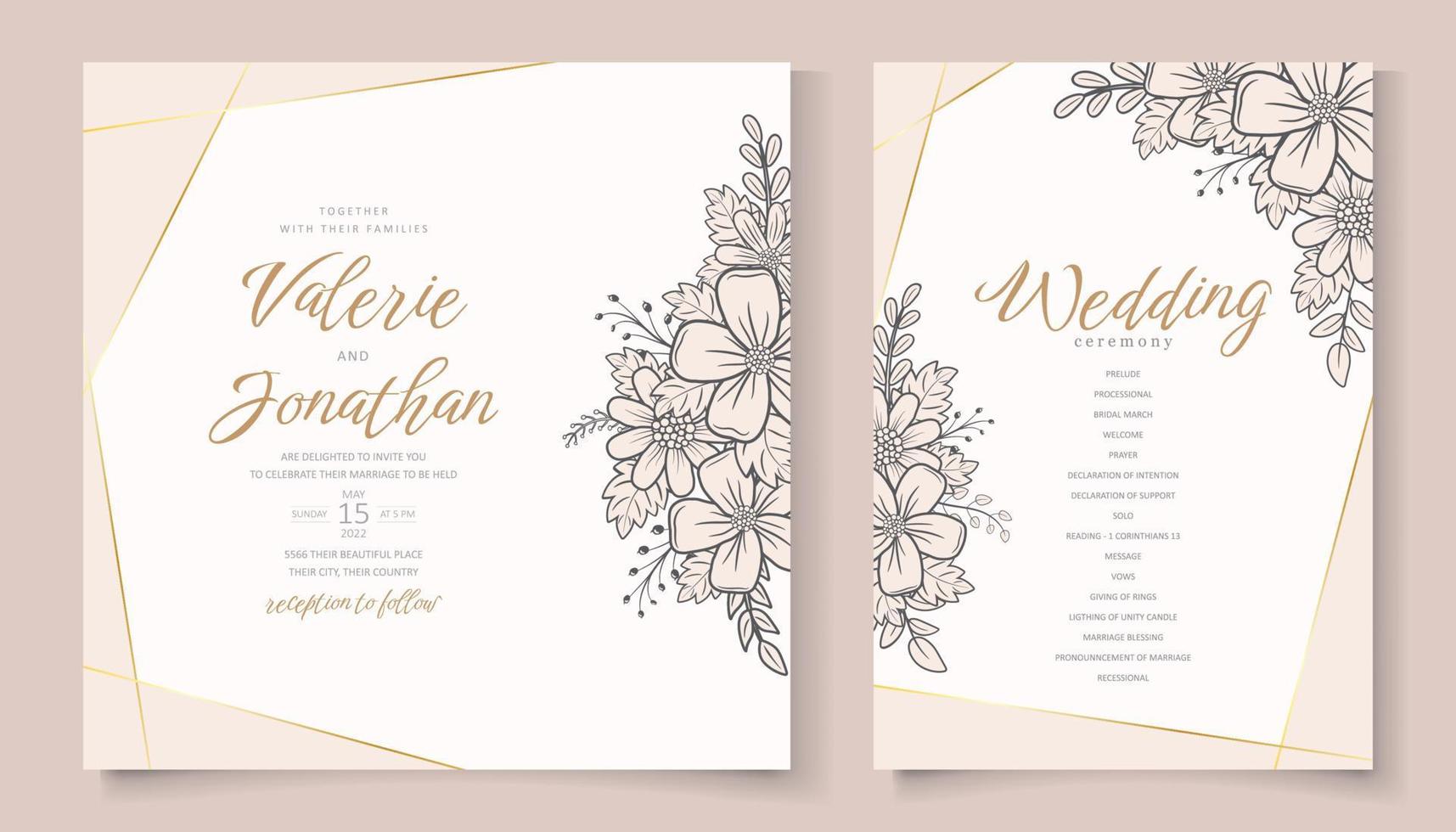 plantilla de invitación de boda con decoración de contorno floral vector