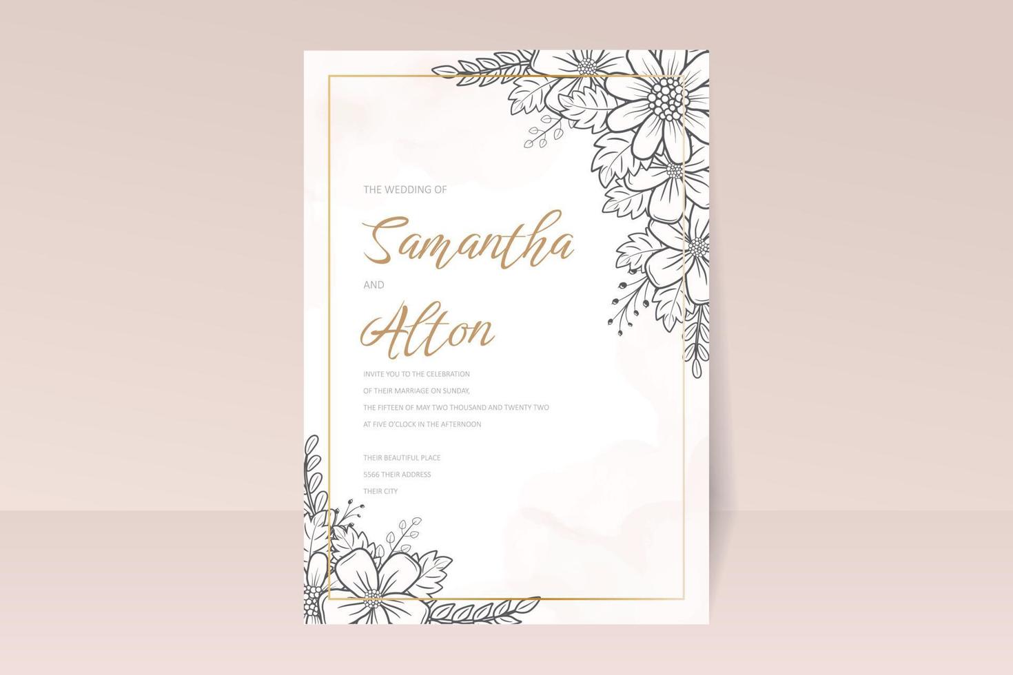 Wedding invitation template with floral outline decoration vector