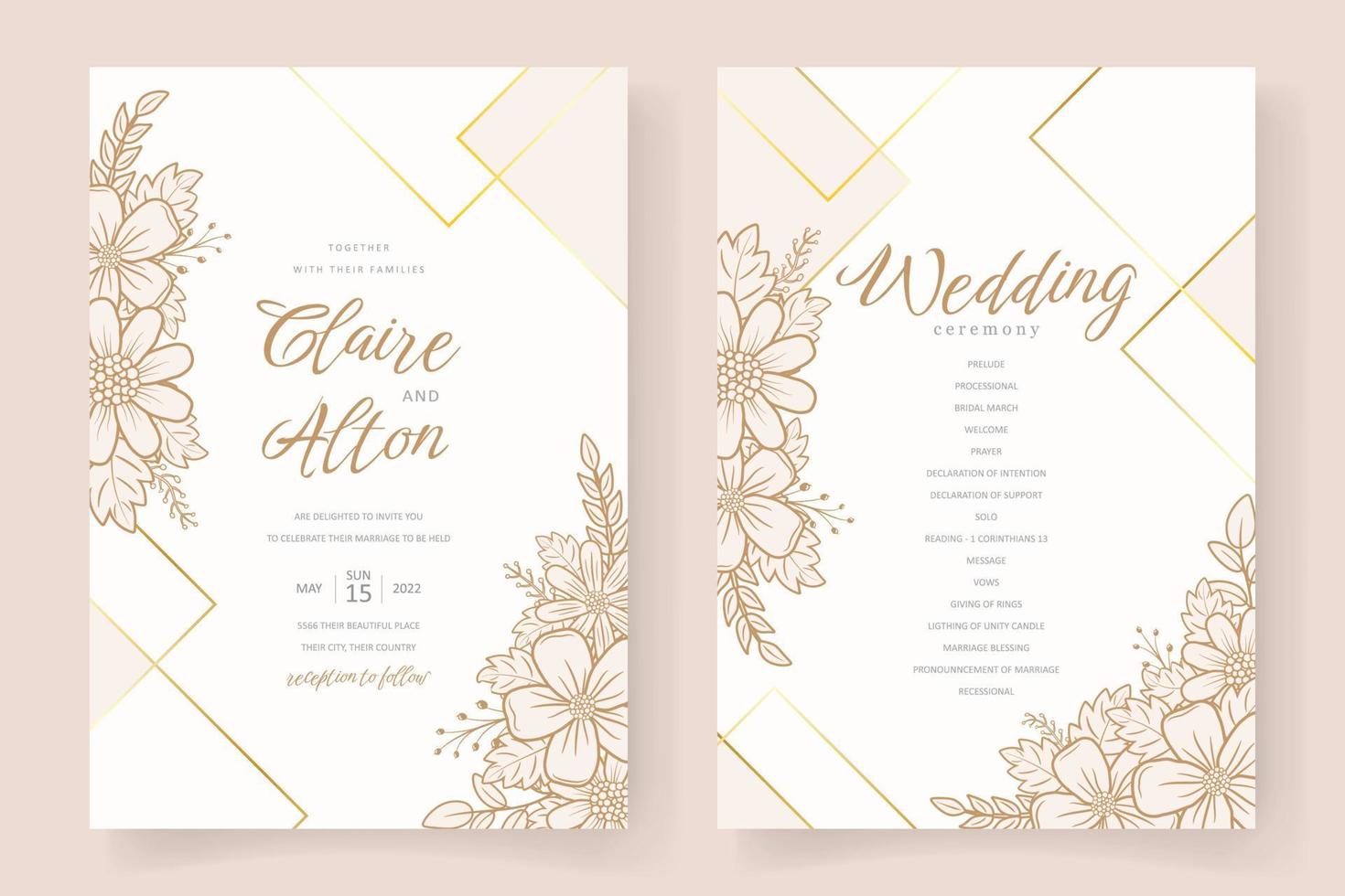 Wedding invitation template with floral outline decoration vector
