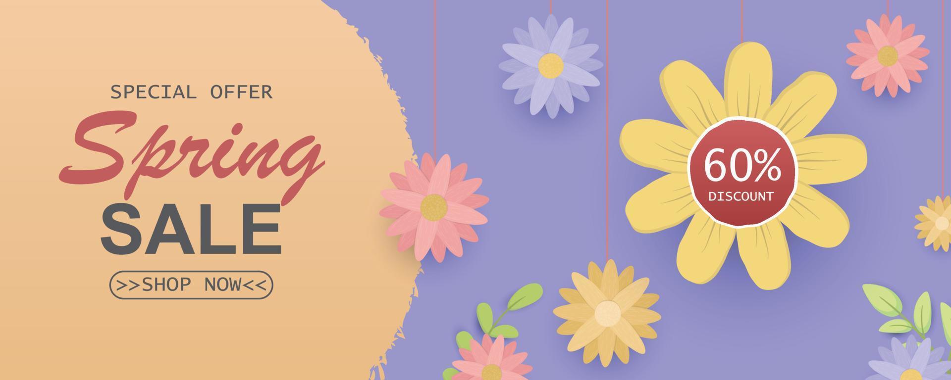 banner de venta horizontal de primavera en estilo papel vector