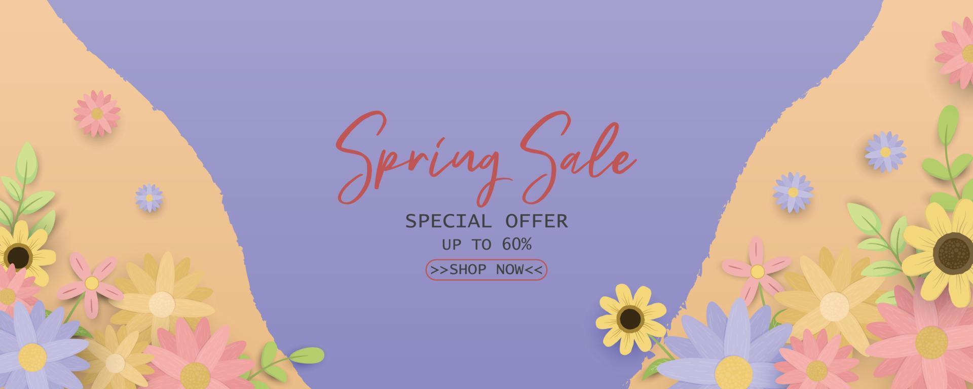 Spring horizontal sale banner in paper style vector