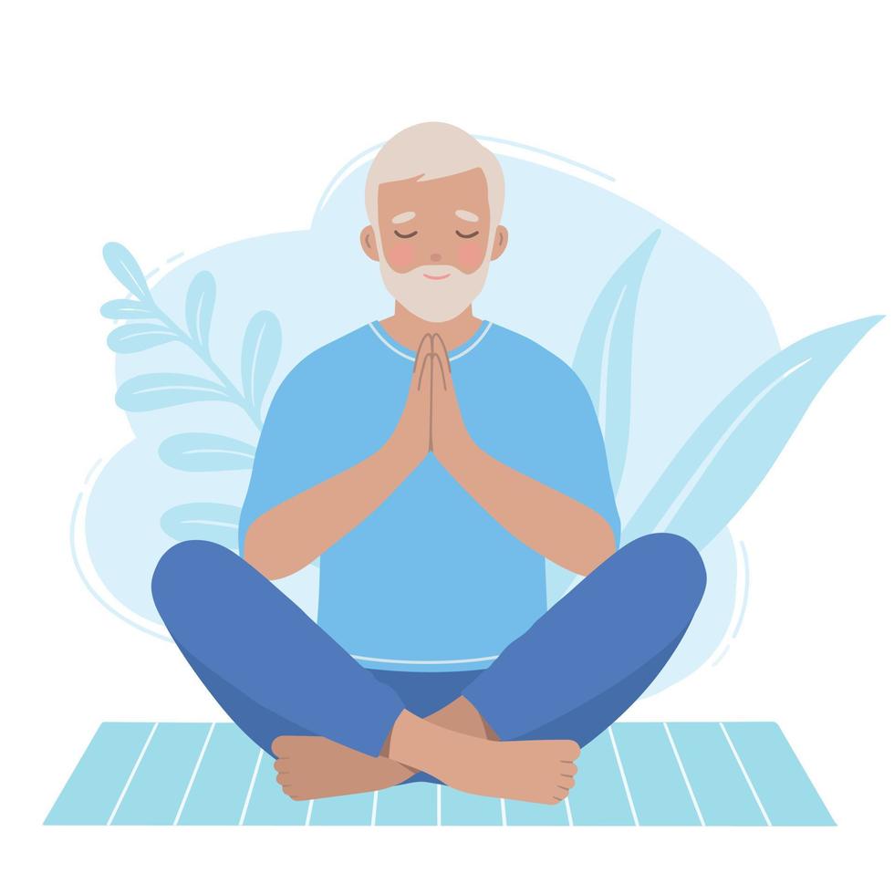 Mature older man practicing zen pose on a yoga mat vector