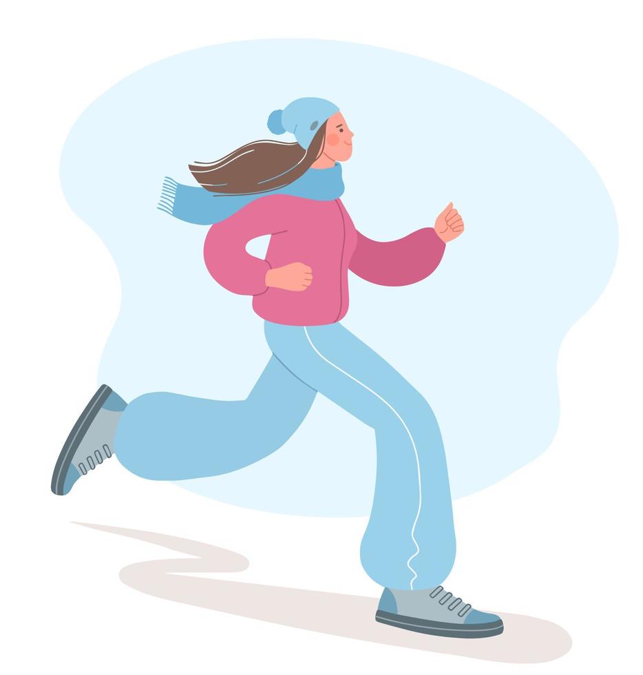 hermosa chica se dedica a los deportes en la estación fría. ilustración de una chica corriendo. concepto de un estilo de vida saludable vector