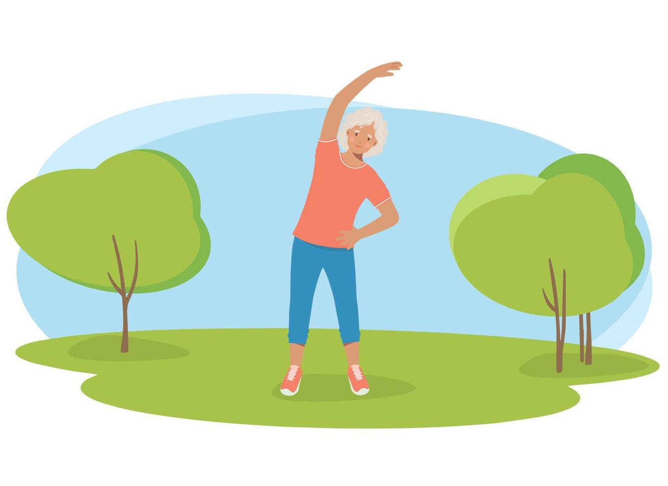 Elderly woman in sports clothes does exercises in the park. Retired grandmother, a pension and a healthy lifestyle vector