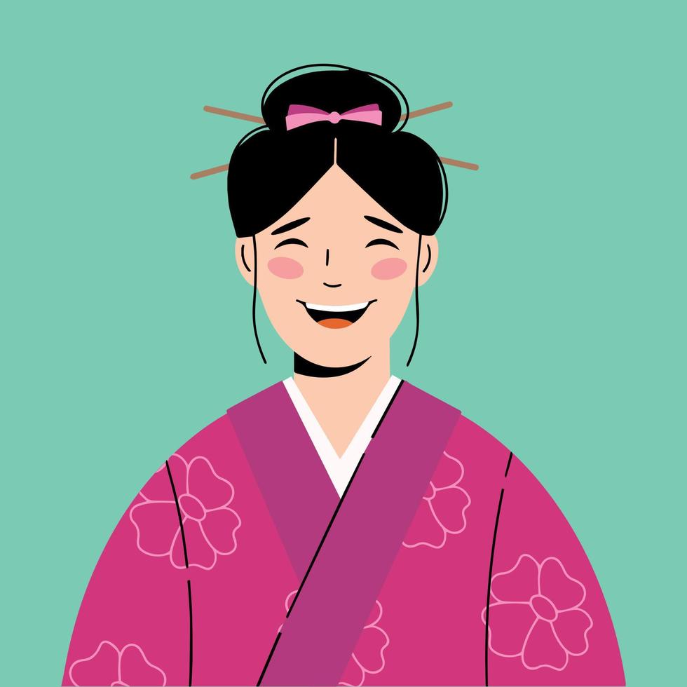 sonriente joven japonesa vistiendo un kimono vector