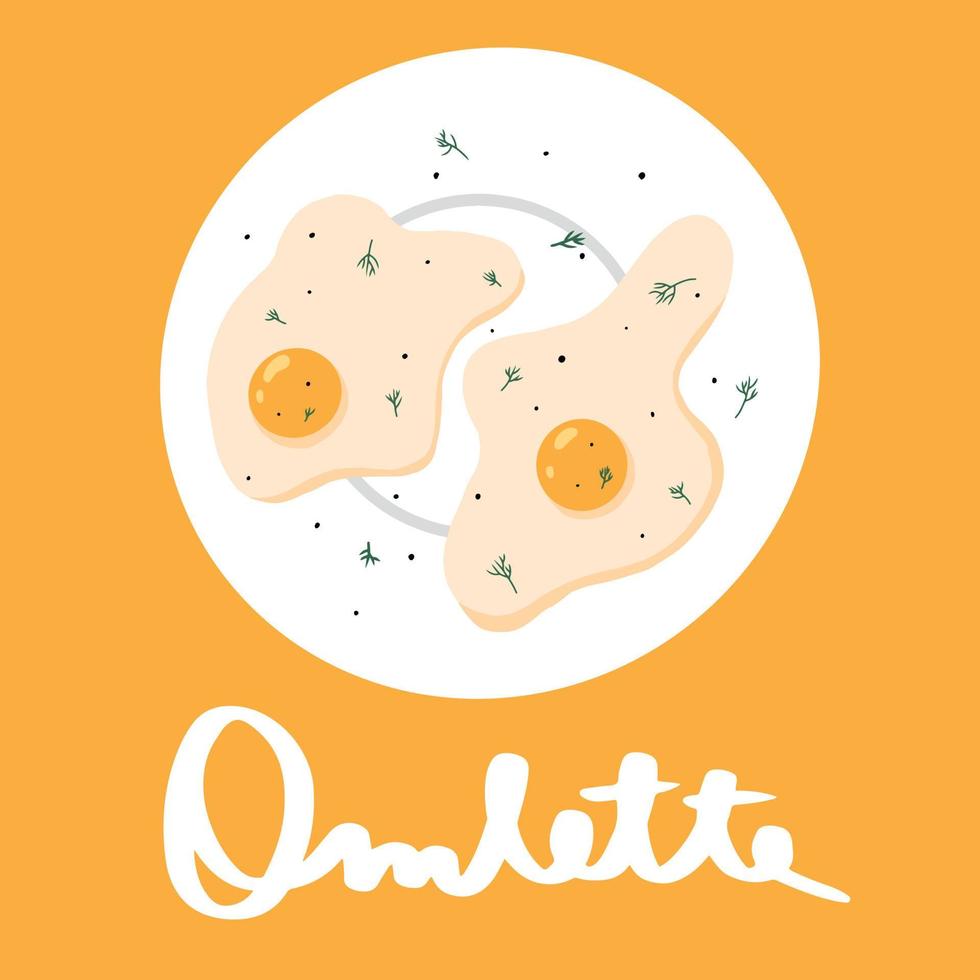 Vector illustration of fried eggs with greens . Omelet on a plate. breakfast concept.