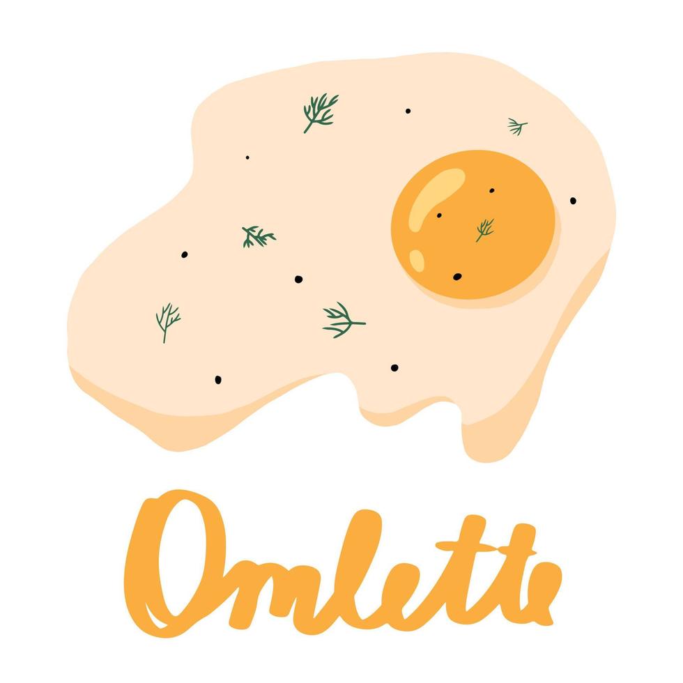 Vector illustration of fried egg with greens. Cute lettering omelet illustration.